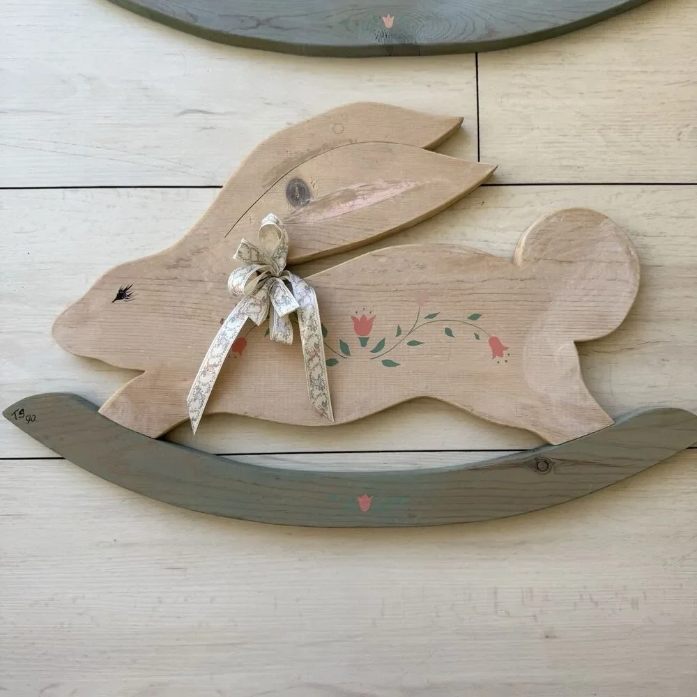 2 Handmade Wood Bunnies / Rabbits Wall Decor Cottage Core Farm House Prairie